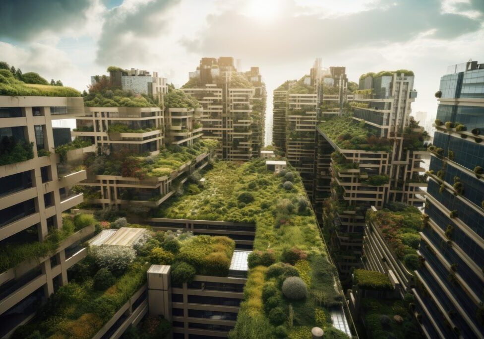 green city of the future, with farm and garden on roof of high-rise building, created with generative ai